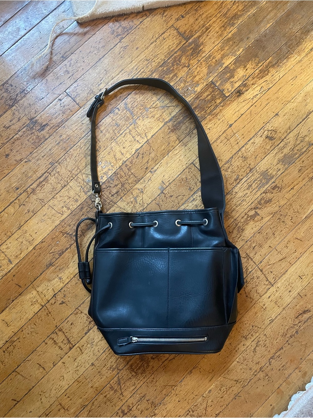 Black Drawstring Bucket Shoulder Bag with Front Zip